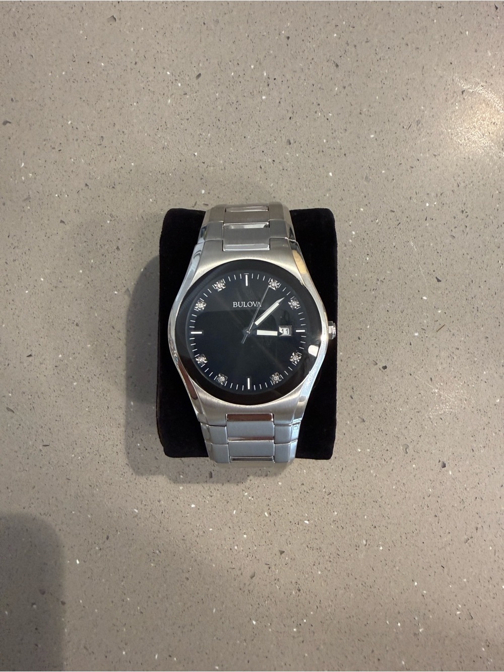 Bulova Silver Stainless Steel Watch with Black Dial and Diamond Accents